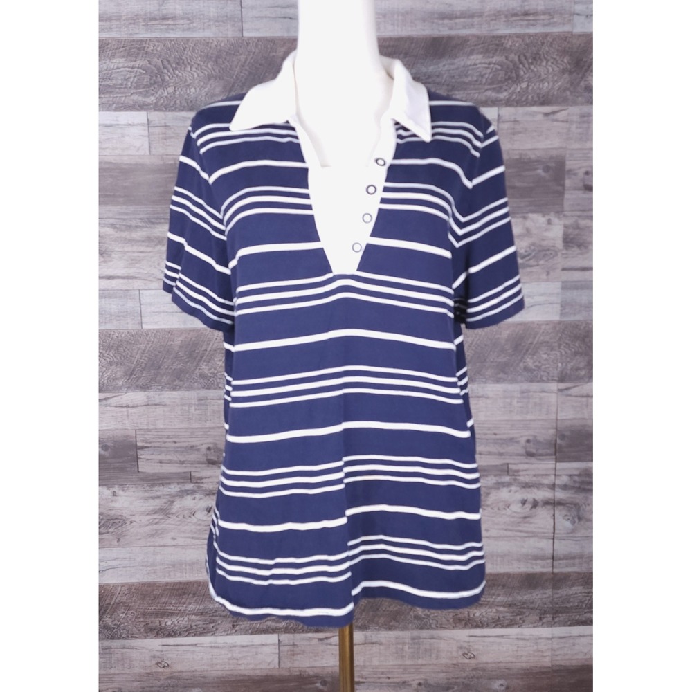 Allison Daley Womens Navy White Striped Short Sleeve Polo Shirt Large Cotton